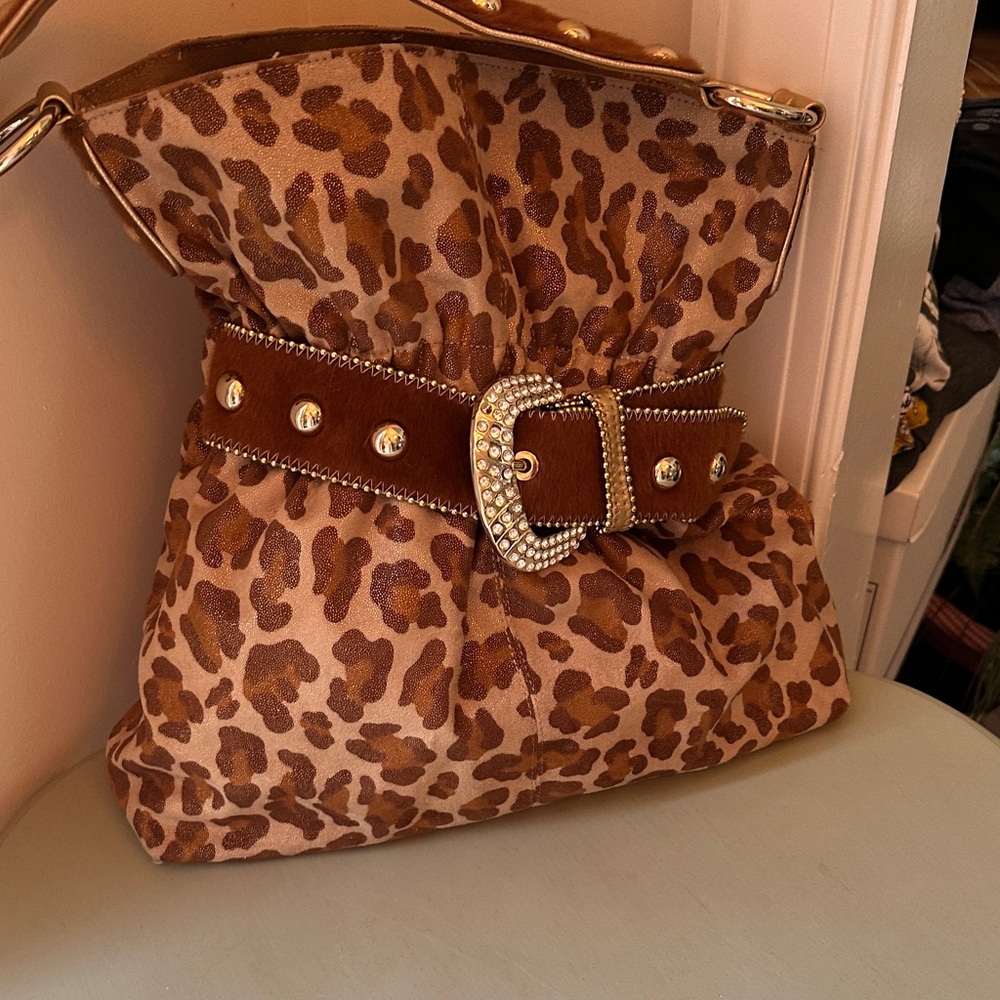 Kathy Van Zeeland Leopard Print Shoulder Bag with Brown and Gold Accents